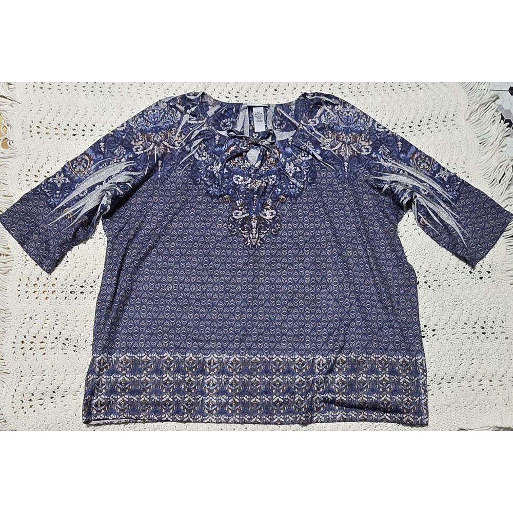 Catherines Womens Top Sz 2X Blue Tunic Studded Metallic Artsy Bohemian